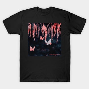 Wisteria and Butterflies Negative Painting Pink and Black T-Shirt